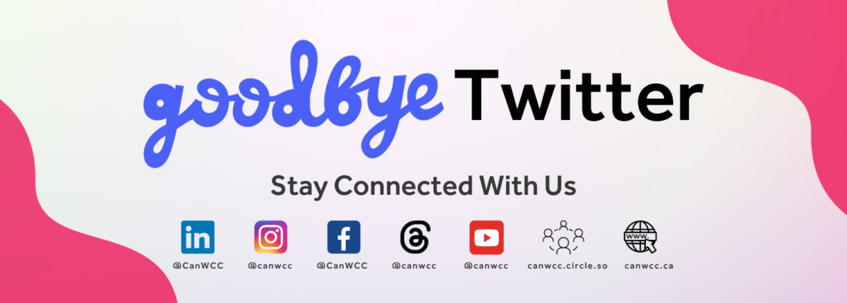 “Goodbye Twitter; Stay Connected With Us, Linkedin, Instagram, Facebook, Threads and YouTube logos: @CanWCC; canwcc.circle.so; canwcc.ca” Canadian Women’s Chamber of Commerce logo.
